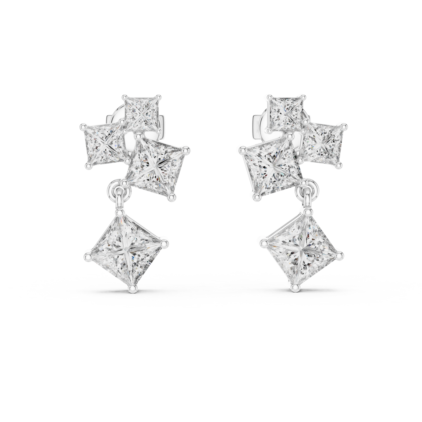 Princess-Cut Diamond Cluster Chandelier Earrings in White Gold