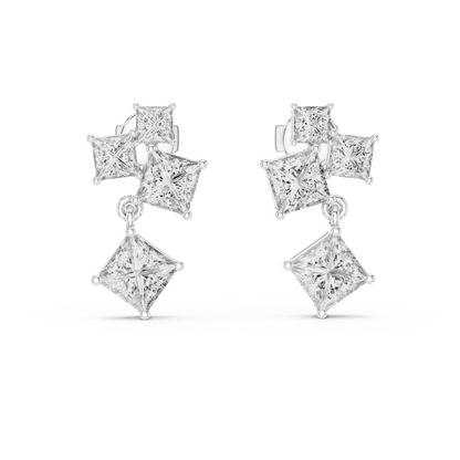 Princess-Cut Diamond Cluster Chandelier Earrings in White Gold