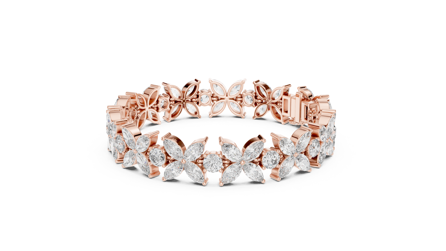 Gold Diamond Floral Cluster Bracelet - Marquise & Round Cut Luxury