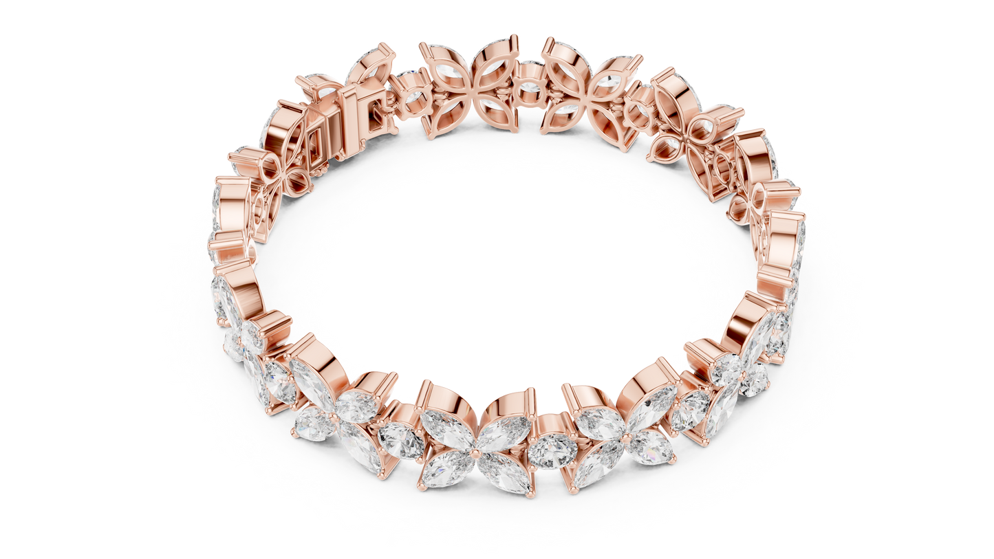 Gold Diamond Floral Cluster Bracelet - Marquise & Round Cut Luxury