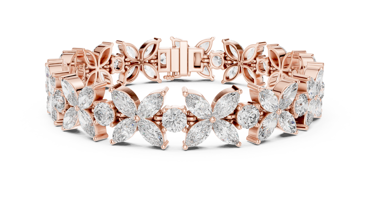 Gold Diamond Floral Cluster Bracelet - Marquise & Round Cut Luxury