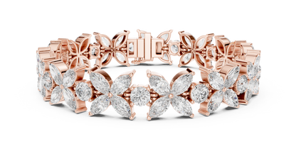 Gold Diamond Floral Cluster Bracelet - Marquise & Round Cut Luxury