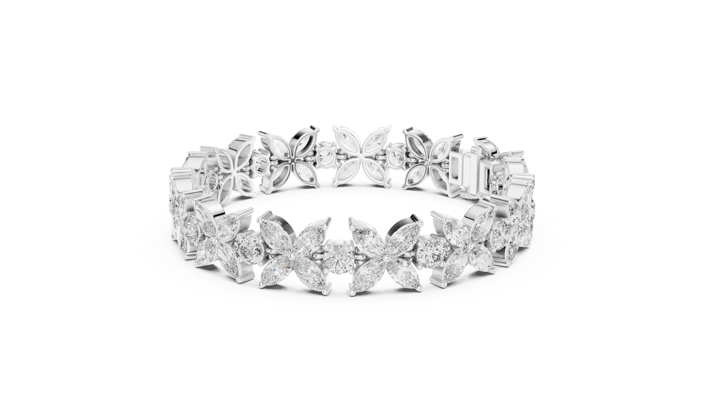 Gold Diamond Floral Cluster Bracelet - Marquise & Round Cut Luxury