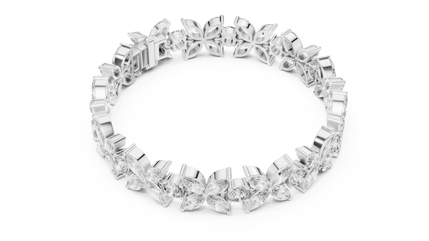 Gold Diamond Floral Cluster Bracelet - Marquise & Round Cut Luxury