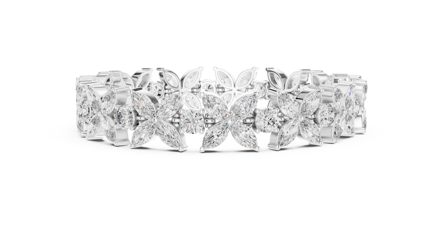 Gold Diamond Floral Cluster Bracelet - Marquise & Round Cut Luxury