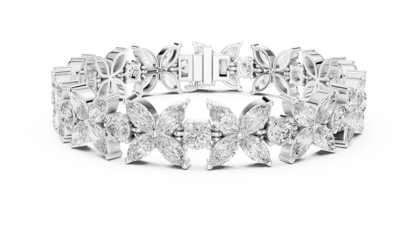 Gold Diamond Floral Cluster Bracelet - Marquise & Round Cut Luxury