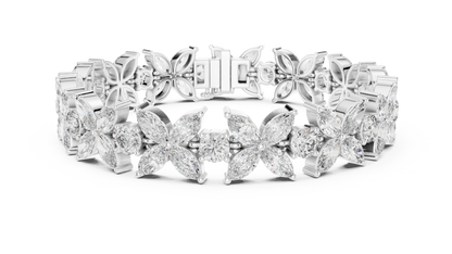 Gold Diamond Floral Cluster Bracelet - Marquise & Round Cut Luxury