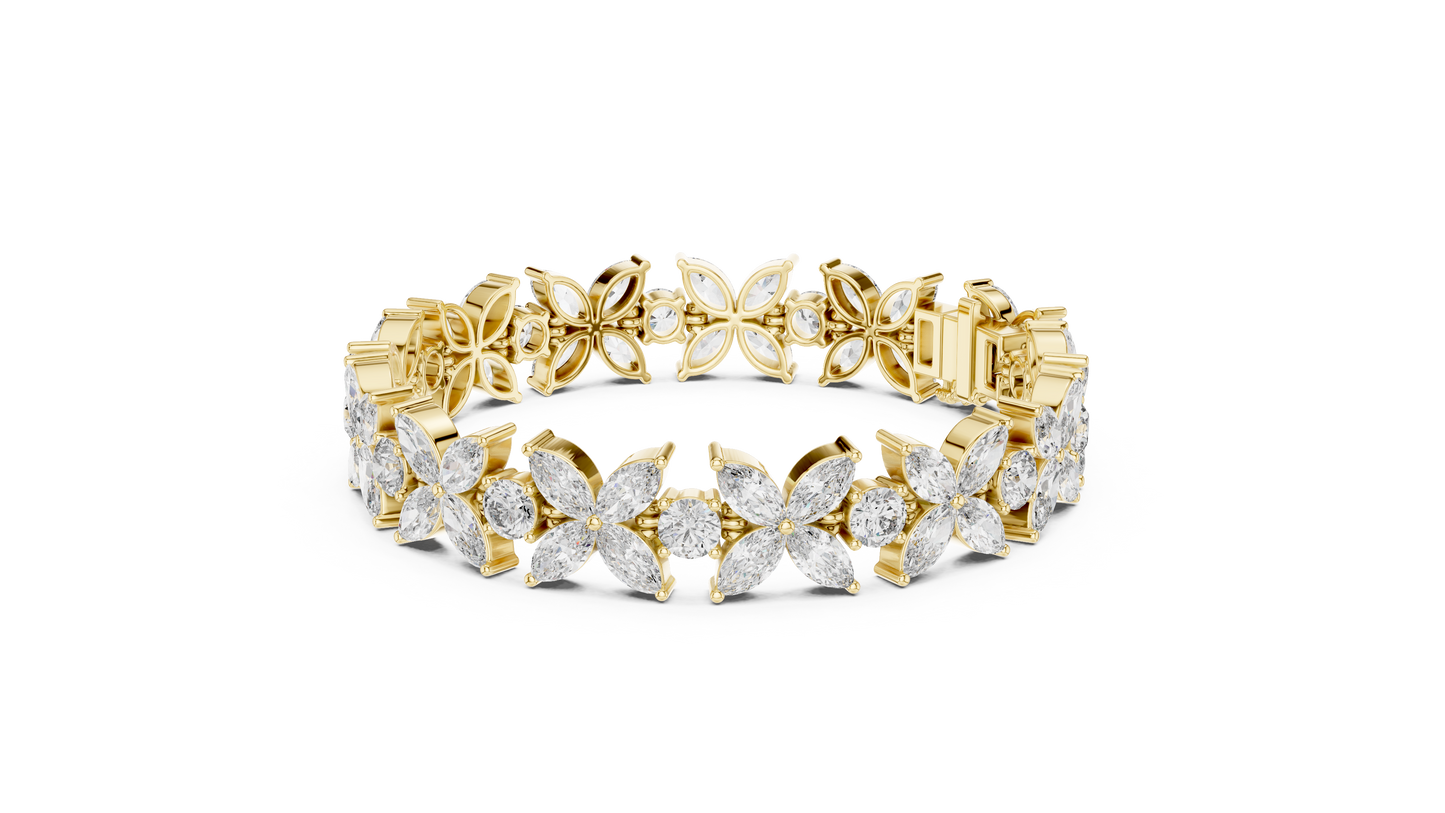 Gold Diamond Floral Cluster Bracelet - Marquise & Round Cut Luxury
