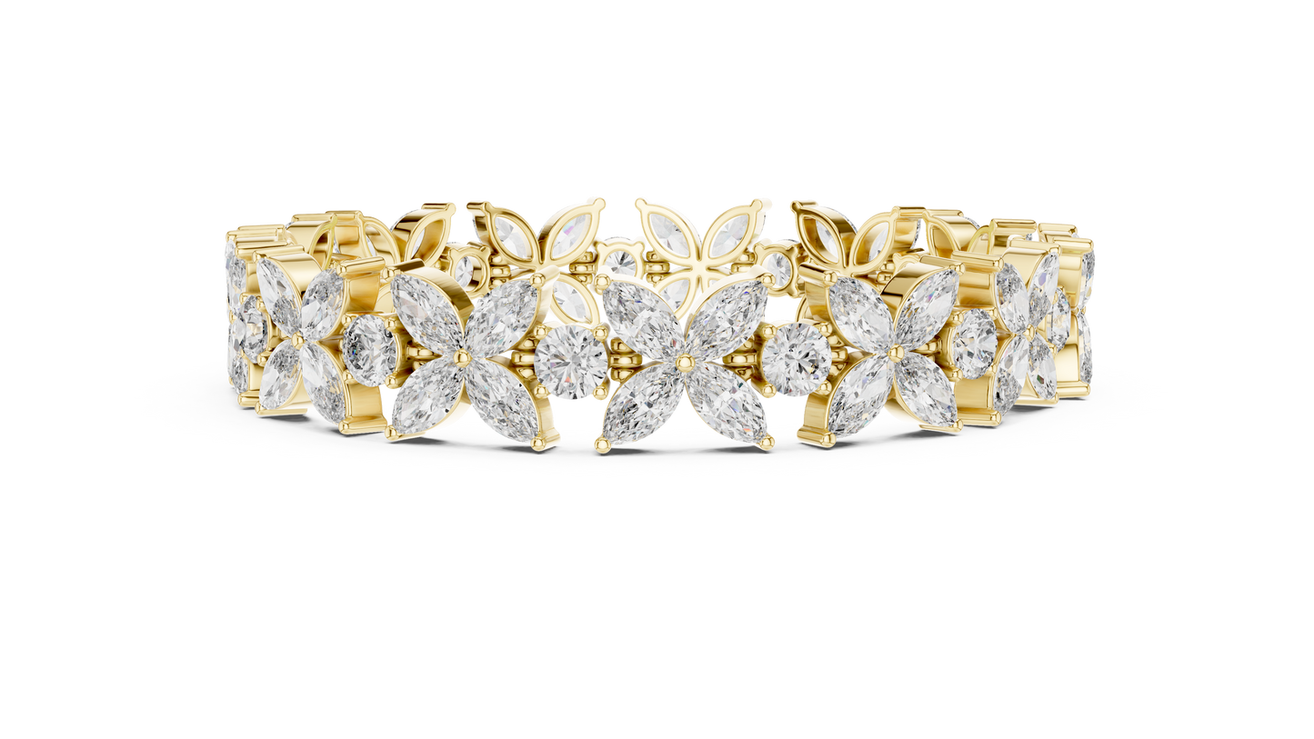 Gold Diamond Floral Cluster Bracelet - Marquise & Round Cut Luxury