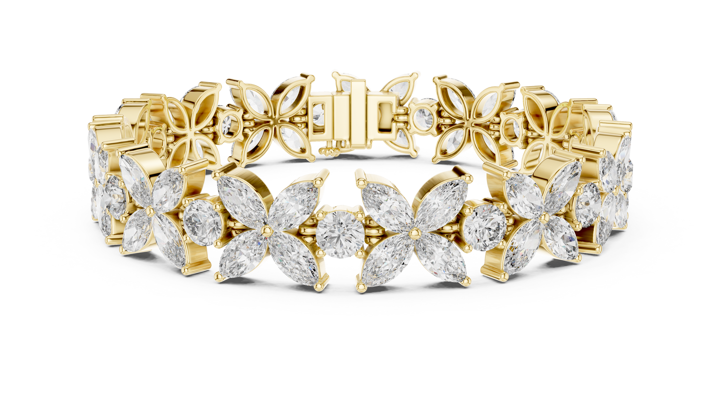 Gold Diamond Floral Cluster Bracelet - Marquise & Round Cut Luxury