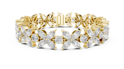 Gold Diamond Floral Cluster Bracelet - Marquise & Round Cut Luxury