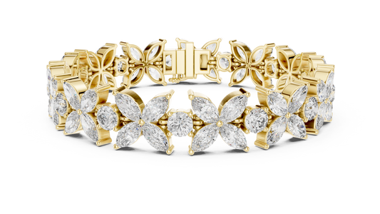 Gold Diamond Floral Cluster Bracelet - Marquise & Round Cut Luxury