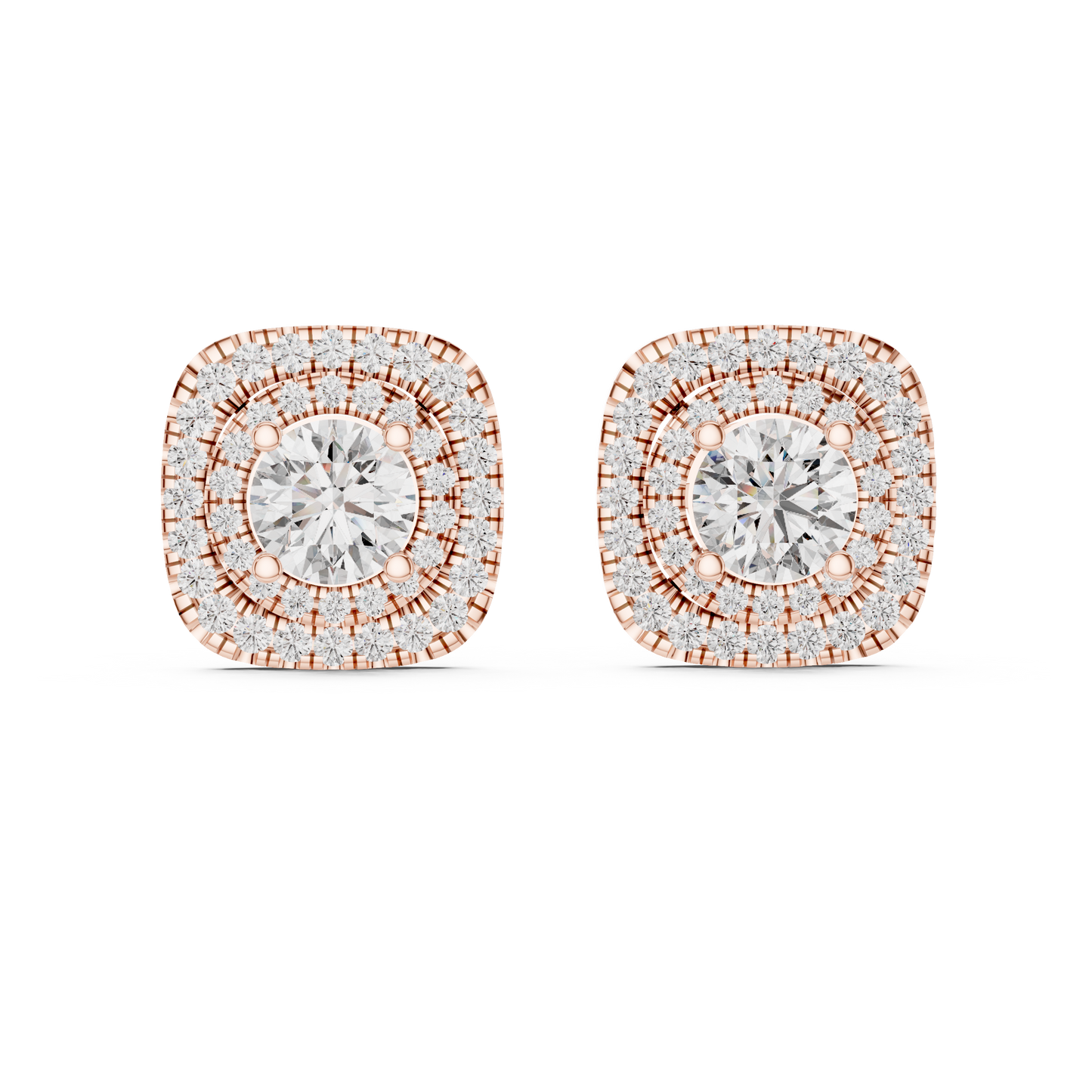 Round Cut Lab Grown Diamond Double Halo Stud Earrings in 14K Yellow Gold