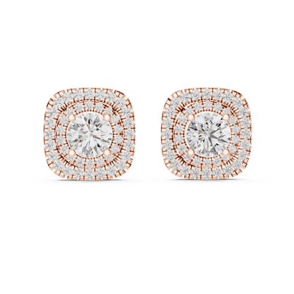 Round Cut Lab Grown Diamond Double Halo Stud Earrings in 14K Yellow Gold