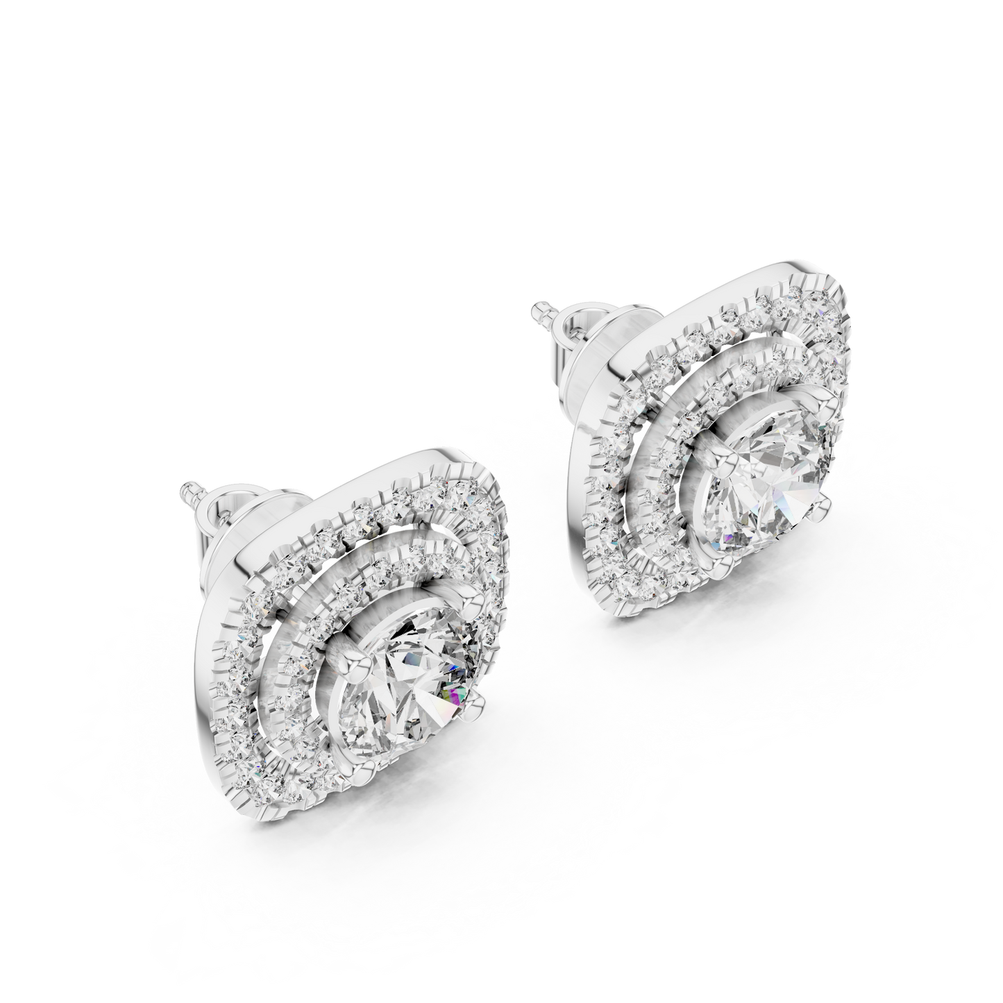 Round Cut Lab Grown Diamond Double Halo Stud Earrings in 14K Yellow Gold