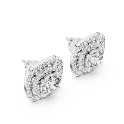 Round Cut Lab Grown Diamond Double Halo Stud Earrings in 14K Yellow Gold