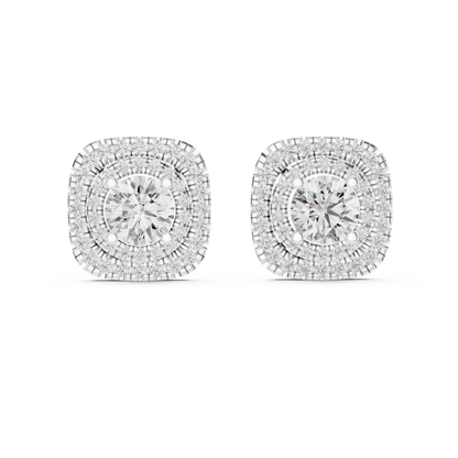 Round Cut Lab Grown Diamond Double Halo Stud Earrings in 14K Yellow Gold