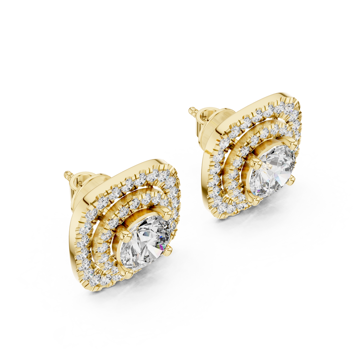 Round Cut Lab Grown Diamond Double Halo Stud Earrings in 14K Yellow Gold