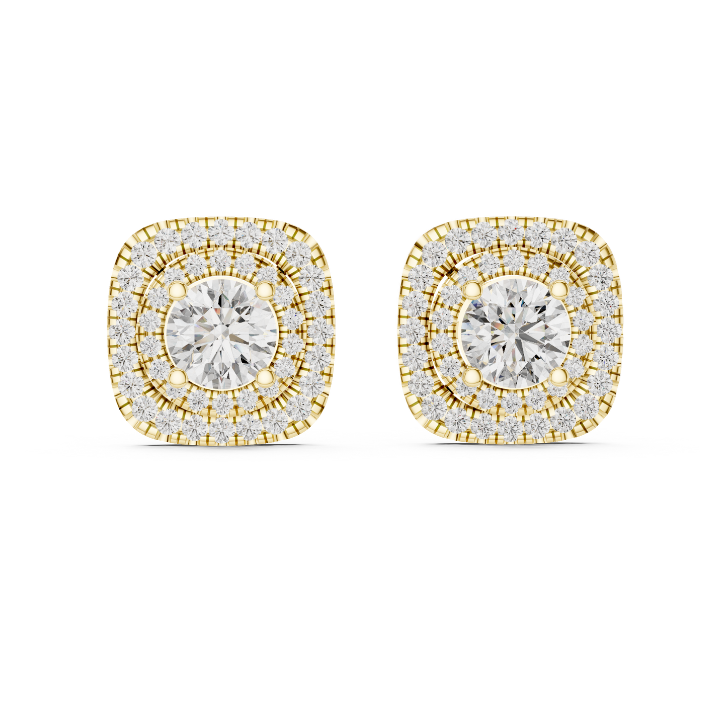 Round Cut Lab Grown Diamond Double Halo Stud Earrings in 14K Yellow Gold