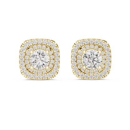 Round Cut Lab Grown Diamond Double Halo Stud Earrings in 14K Yellow Gold