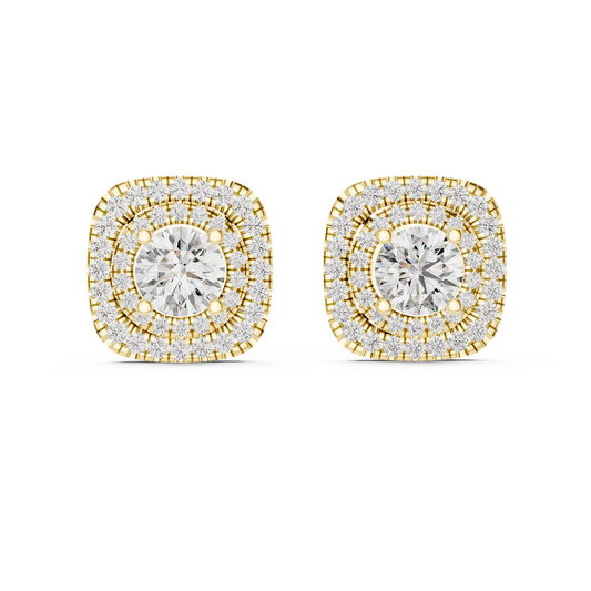Round Cut Lab Grown Diamond Double Halo Stud Earrings in 14K Yellow Gold