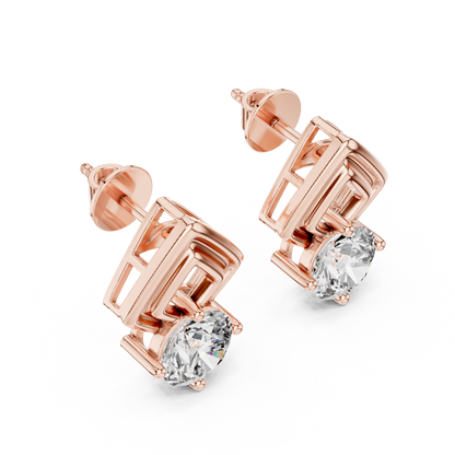 Round Cut Lab Grown Diamond Geometric Solitaire Earrings in 14K White Gold