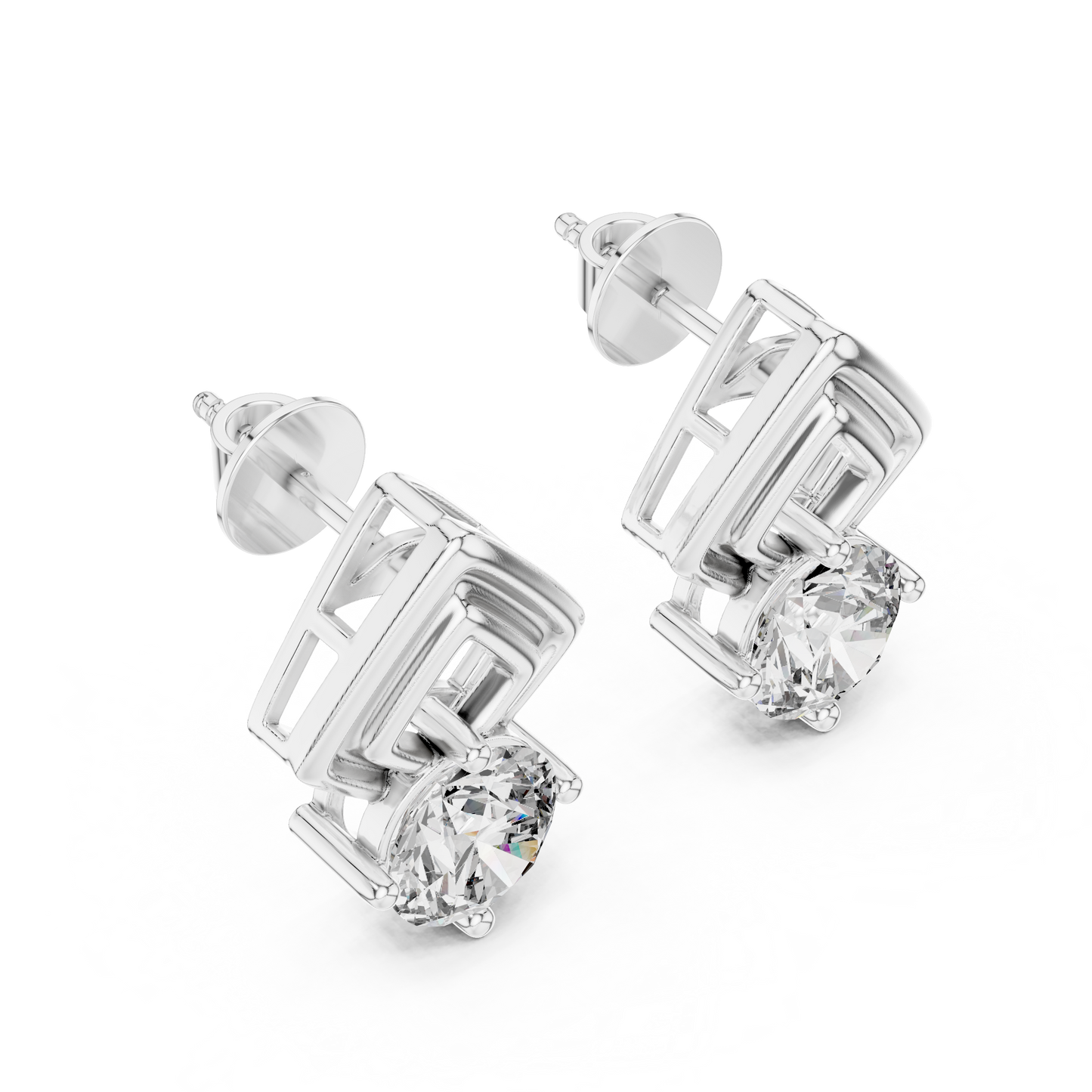 Round Cut Lab Grown Diamond Geometric Solitaire Earrings in 14K White Gold