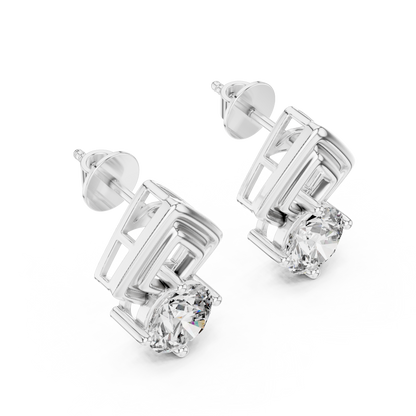 Round Cut Lab Grown Diamond Geometric Solitaire Earrings in 14K White Gold