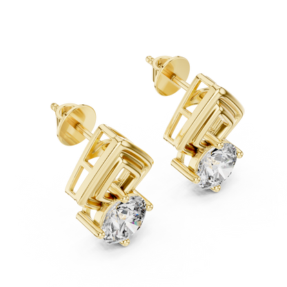 Round Cut Lab Grown Diamond Geometric Solitaire Earrings in 14K White Gold