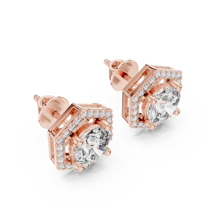 Hexagon Halo Round Lab Grown Diamond Stud Earrings in 14K Rose Gold