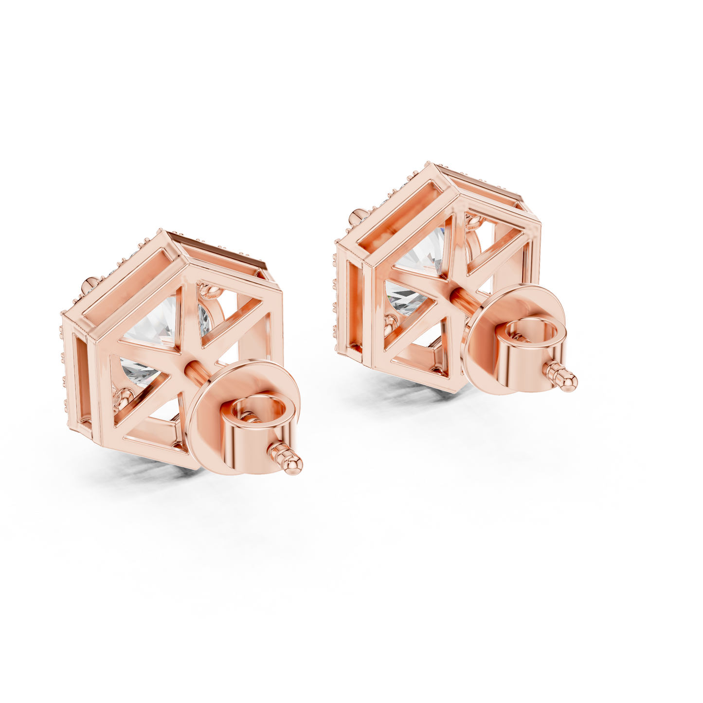 Hexagon Halo Round Lab Grown Diamond Stud Earrings in 14K Rose Gold