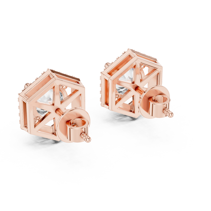 Hexagon Halo Round Lab Grown Diamond Stud Earrings in 14K Rose Gold