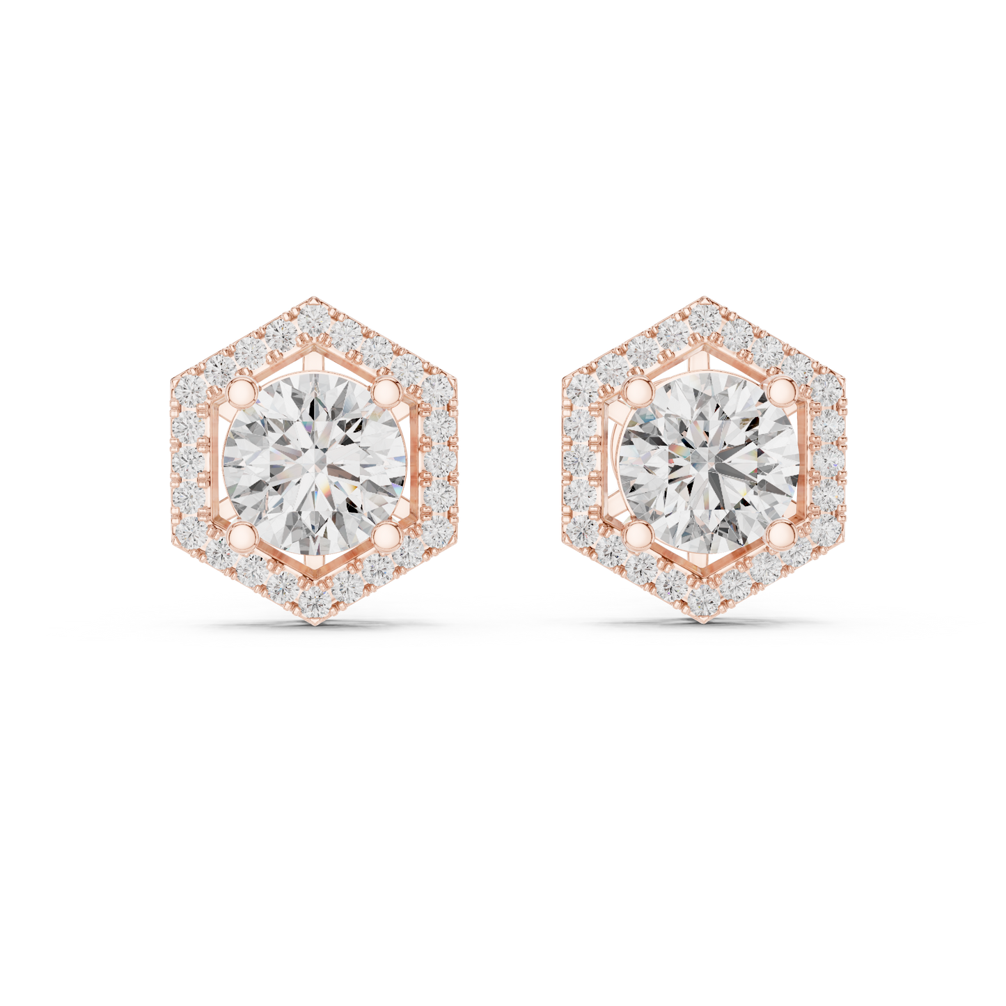 Hexagon Halo Round Lab Grown Diamond Stud Earrings in 14K Rose Gold