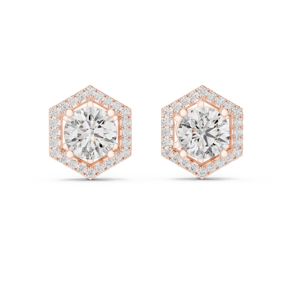 Hexagon Halo Round Lab Grown Diamond Stud Earrings in 14K Rose Gold