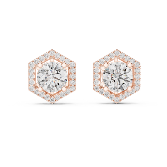 Hexagon Halo Round Lab Grown Diamond Stud Earrings in 14K Rose Gold