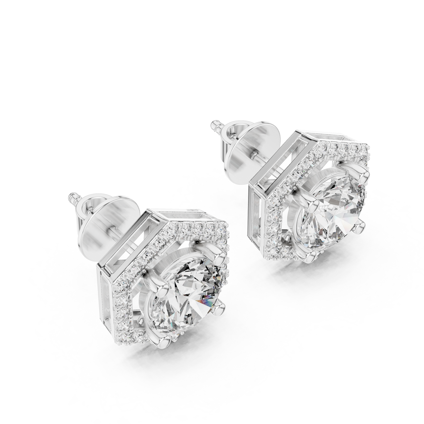 Hexagon Halo Round Lab Grown Diamond Stud Earrings in 14K Rose Gold