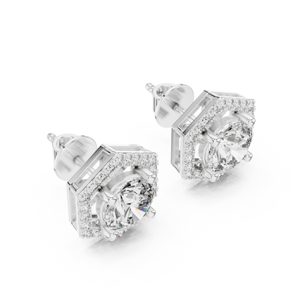 Hexagon Halo Round Lab Grown Diamond Stud Earrings in 14K Rose Gold
