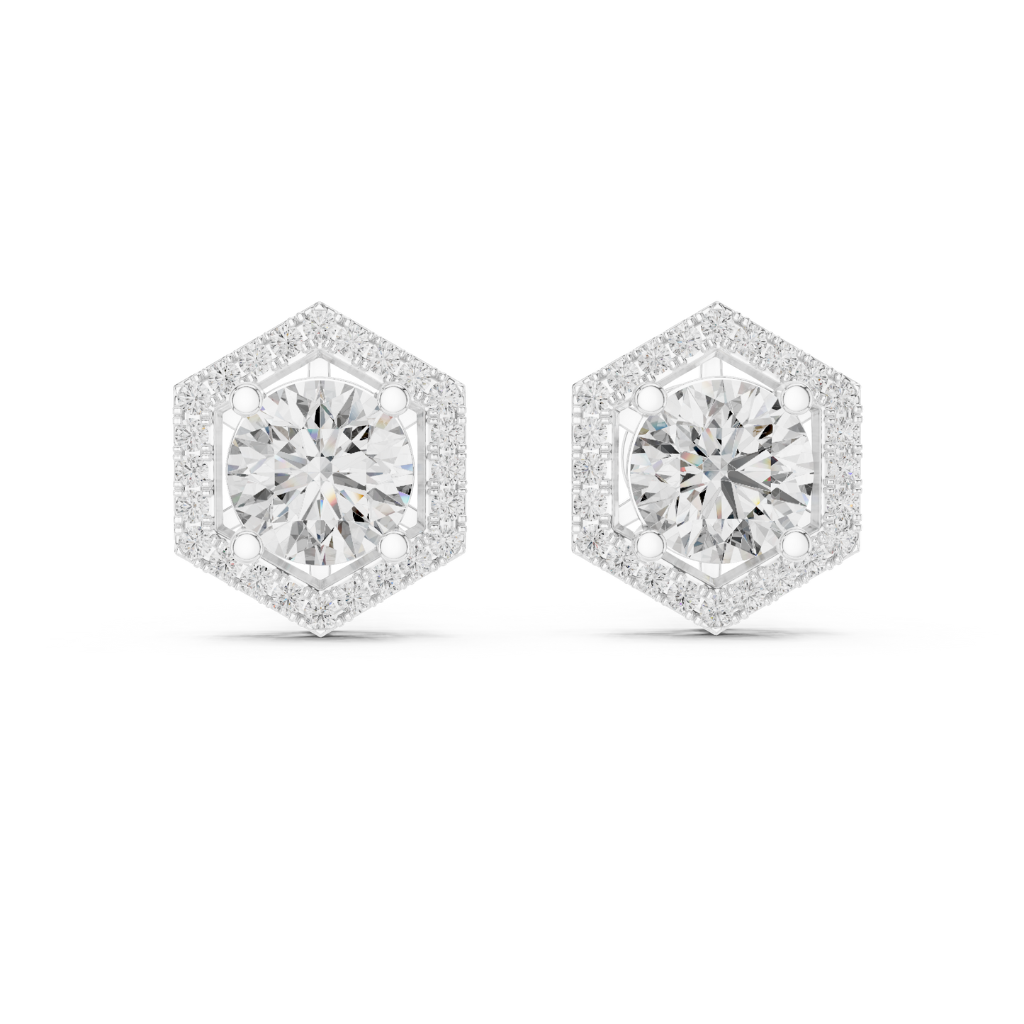 Hexagon Halo Round Lab Grown Diamond Stud Earrings in 14K Rose Gold
