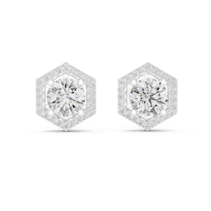 Hexagon Halo Round Lab Grown Diamond Stud Earrings in 14K Rose Gold