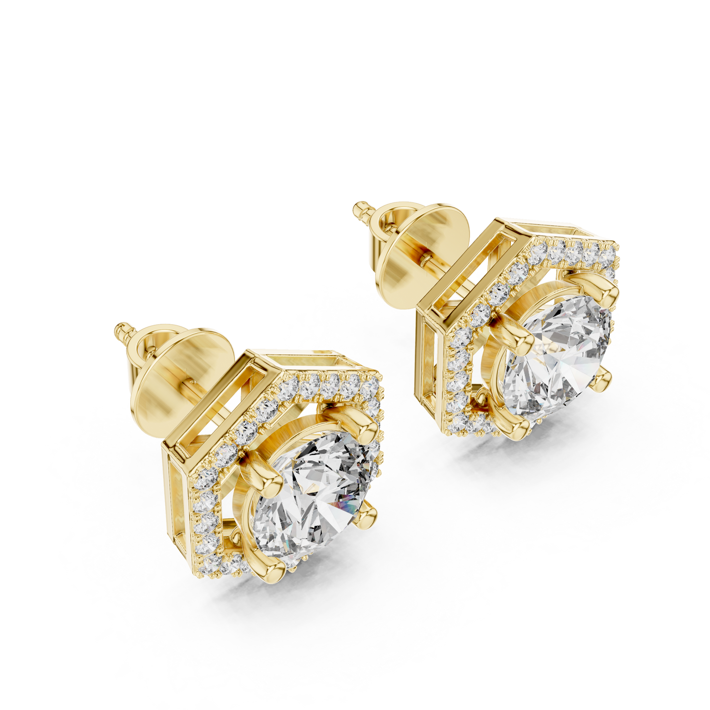 Hexagon Halo Round Lab Grown Diamond Stud Earrings in 14K Rose Gold
