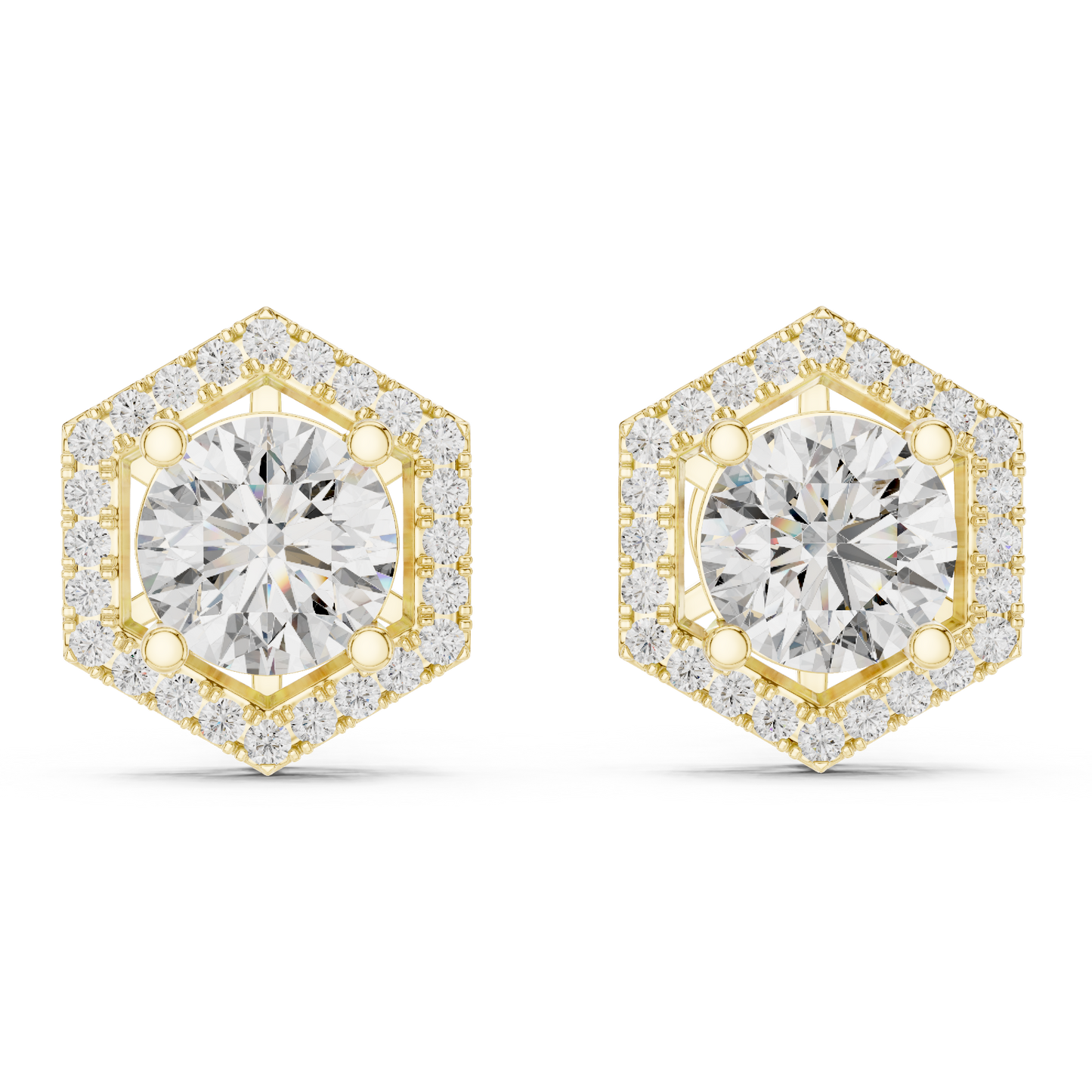 Hexagon Halo Round Lab Grown Diamond Stud Earrings in 14K Rose Gold