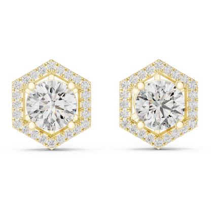Hexagon Halo Round Lab Grown Diamond Stud Earrings in 14K Rose Gold
