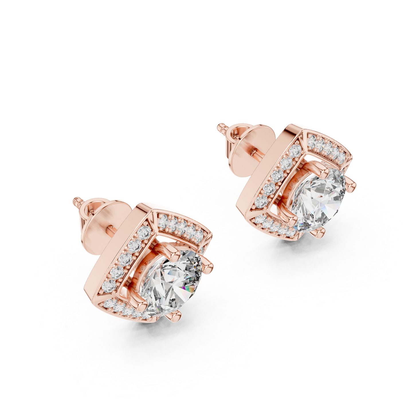 Square Halo Round Lab Grown Diamond Stud Earrings in 14K White Gold | Elegant Diamond Earrings