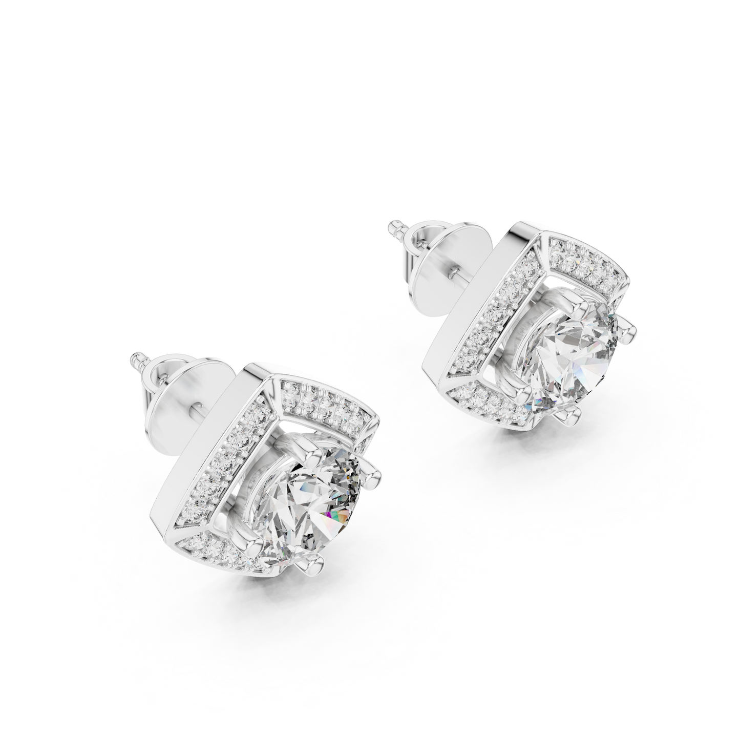 Square Halo Round Lab Grown Diamond Stud Earrings in 14K White Gold | Elegant Diamond Earrings