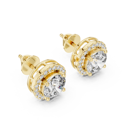 Round Halo Lab Grown Diamond Stud Earrings in 14K Yellow Gold | Classic Diamond Earrings for Women