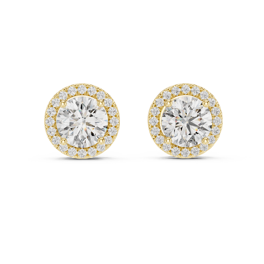 Round Halo Lab Grown Diamond Stud Earrings in 14K Yellow Gold | Classic Diamond Earrings for Women