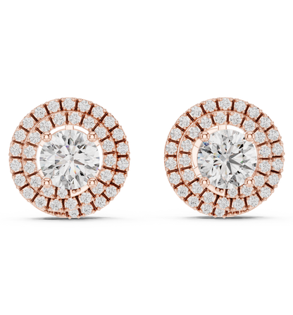 Double Halo Round Lab Grown Diamond Stud Earrings in 14K Yellow Gold