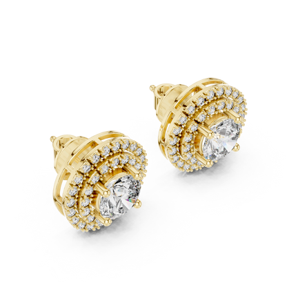 Double Halo Round Lab Grown Diamond Stud Earrings in 14K Yellow Gold