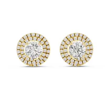 Double Halo Round Lab Grown Diamond Stud Earrings in 14K Yellow Gold