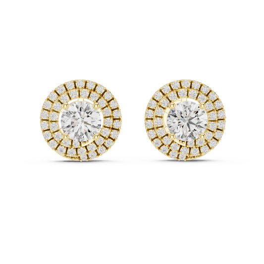 Double Halo Round Lab Grown Diamond Stud Earrings in 14K Yellow Gold